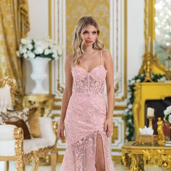 New Blush Floral Lace Embellished Sheath Sleeveless Gown w/ Leg Slit DQ 4501